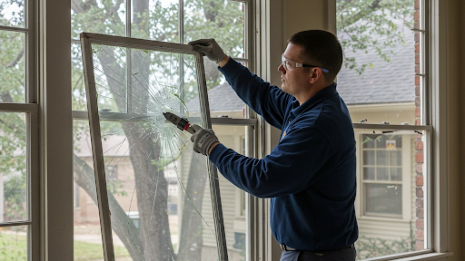 Professional technician replacing broken window glass in a Houston home